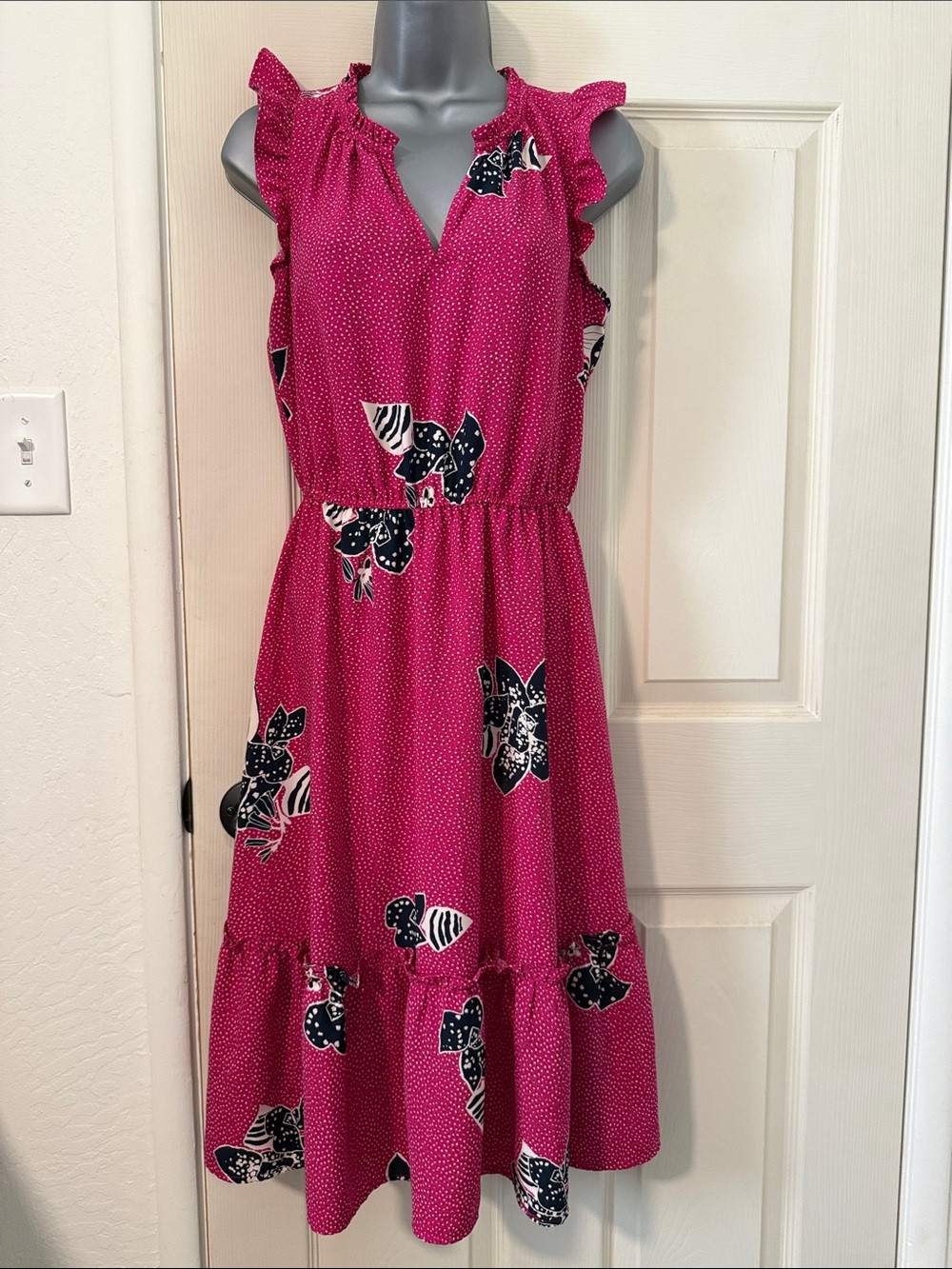 LOFT Fuchsia Floral Ruffle Midi Dress
